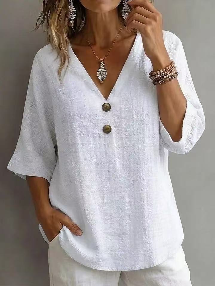 T-shirt décontracté à col en V pour femmes avec détails en bouton