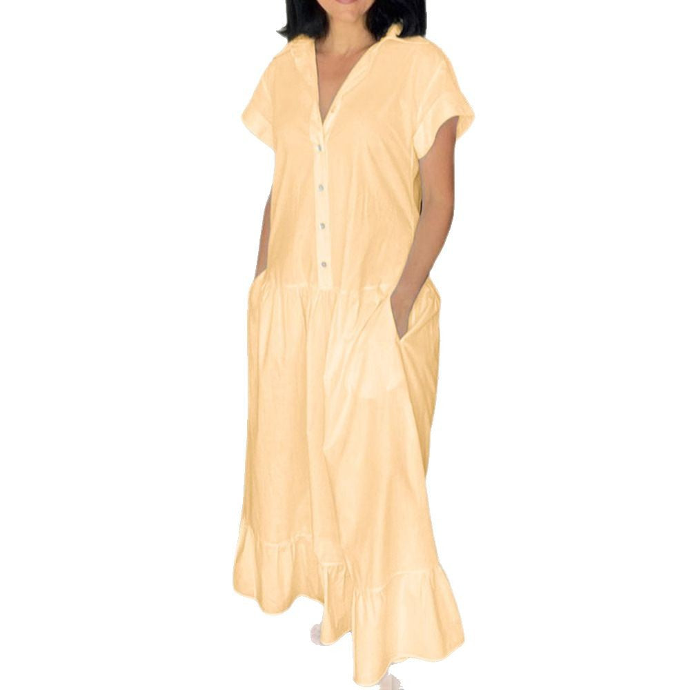 Robe Boutonnée Décontractée pour Femmes avec Poches et Ourlet Volant R&B