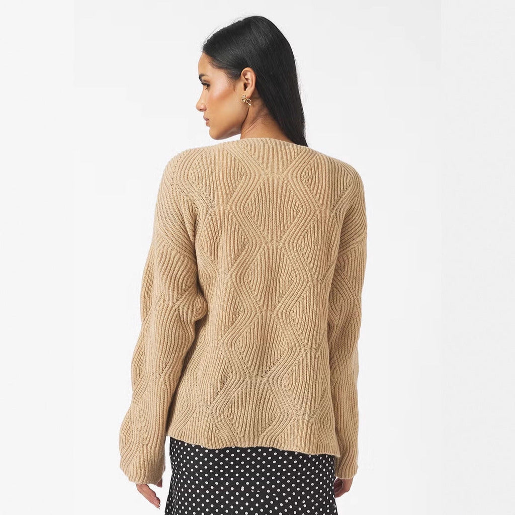 Pull-over en maille oversize pour femmes avec décolleté en V, cordon de serrage et structure en losanges