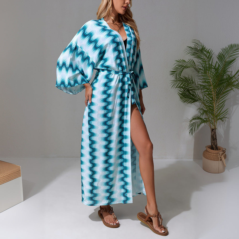 Kaftan de Plage Long pour Femme avec Décolleté en V, Ceinture à Nouer à la Taille & Fente Haute Echoarchiv