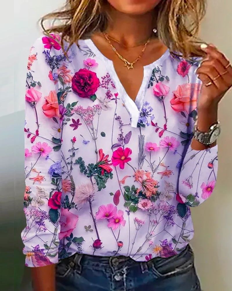 Blouse Longue Florale Femme en Look Chiffon avec Décolleté en V et Silhouette Décontractée Echoarchiv