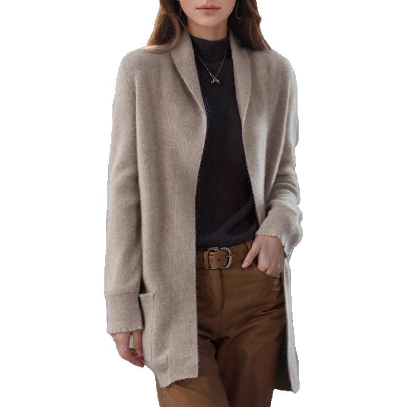 Cardigan long ouvert pour femmes en tricot doux avec poches plaquées