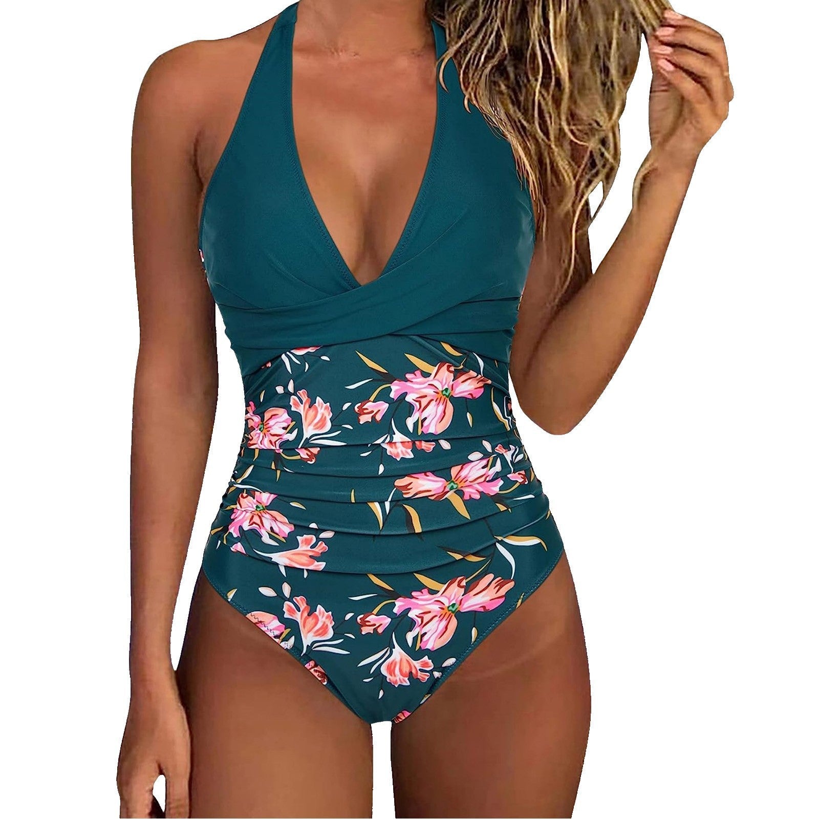 Maillot de bain une pièce femme à décolleté haut avec haut floral R&B