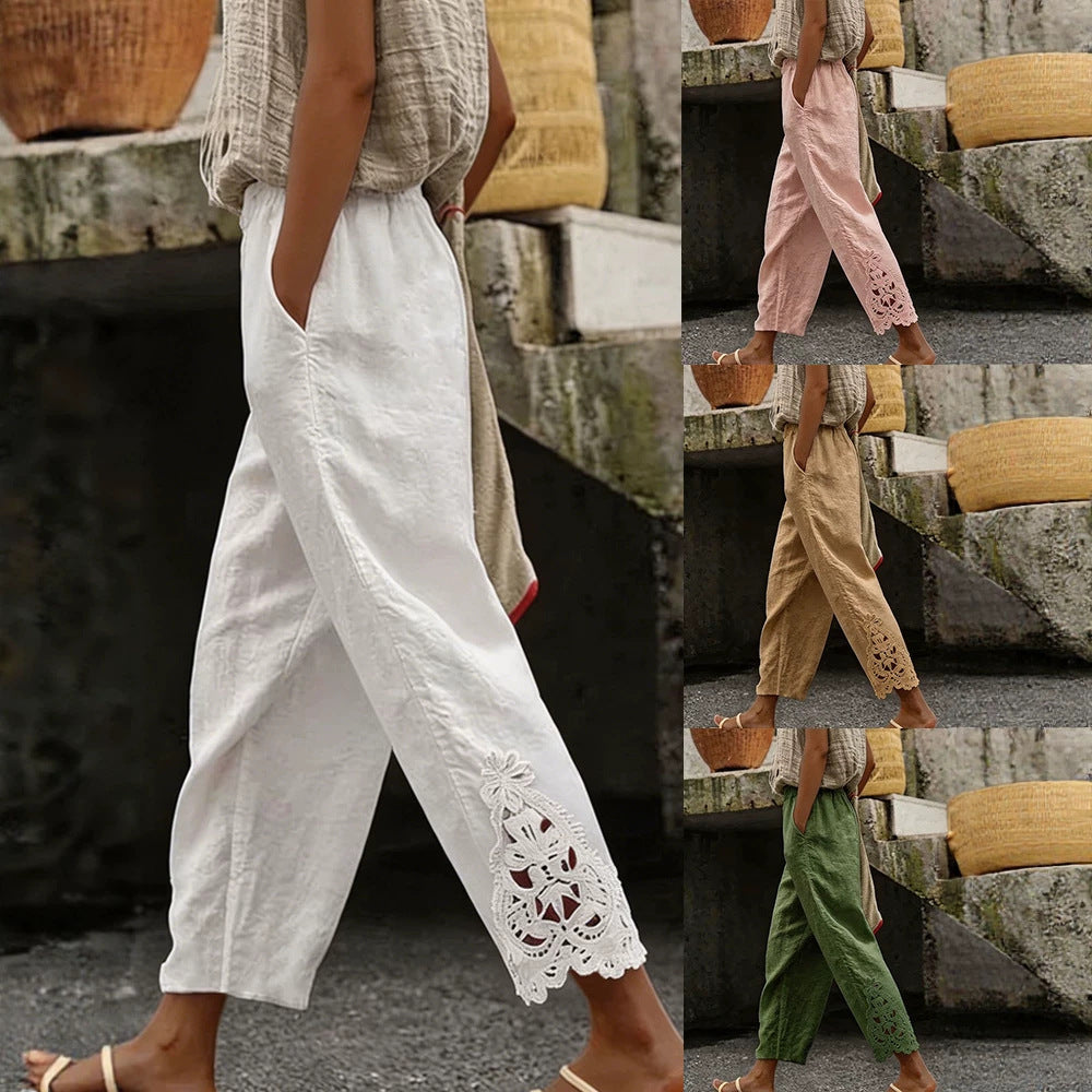 Pantalon en lin élégant pour femmes avec délicate dentelle R&B