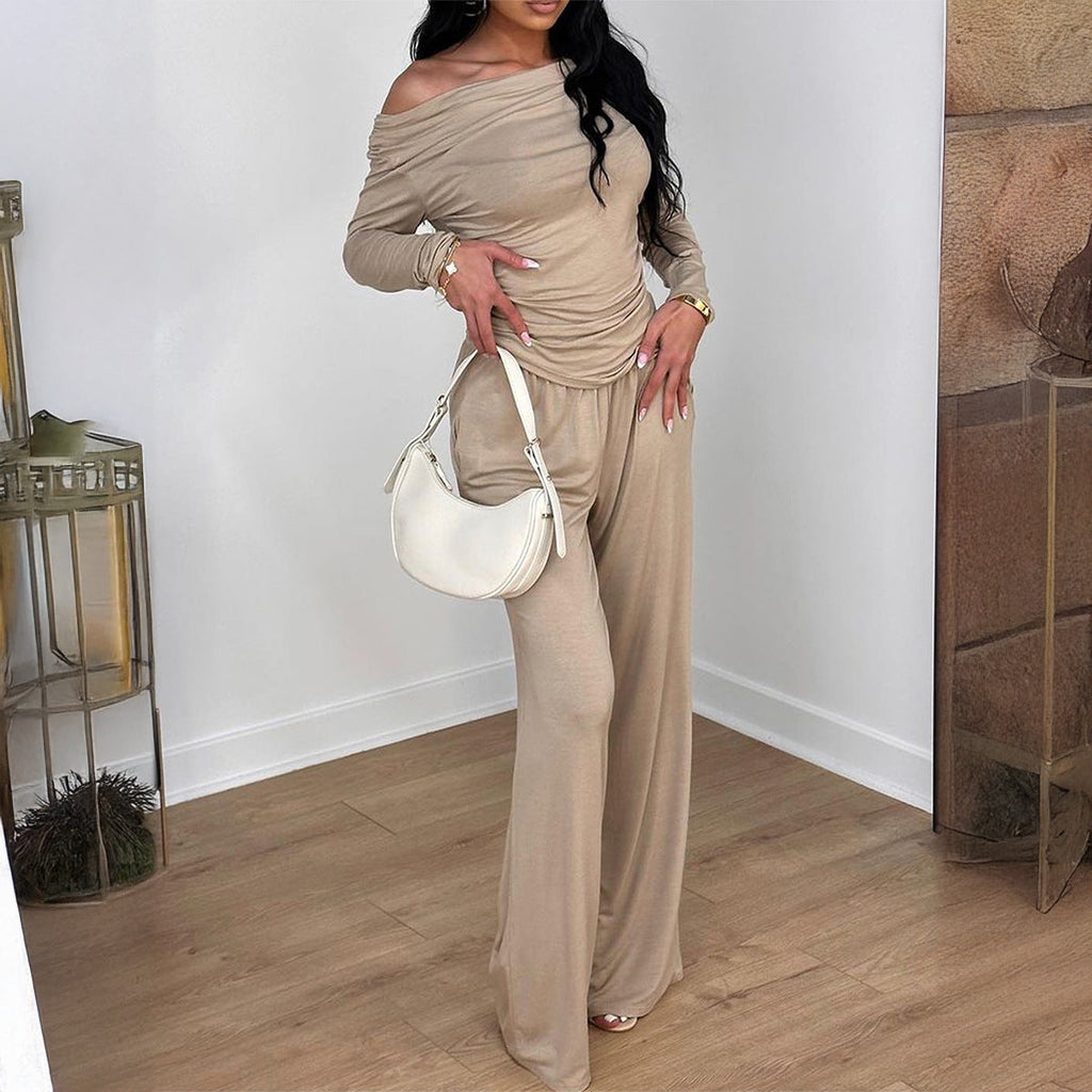 Ensemble en jersey à deux pièces pour femmes avec look drapé asymétrique, top à manches longues et pantalon taille haute ample Echo Archiv