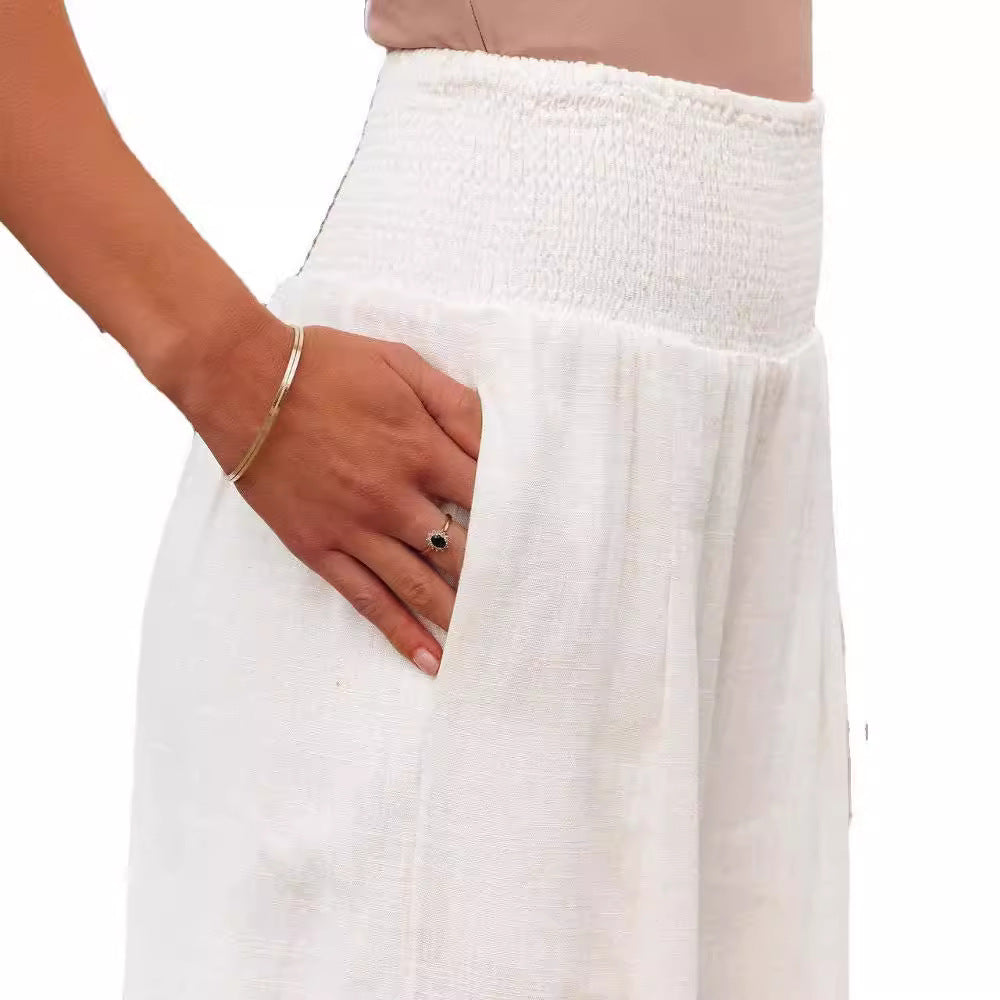 Pantalons larges smockés taille haute en mélange de lin pour femmes Echoarchiv