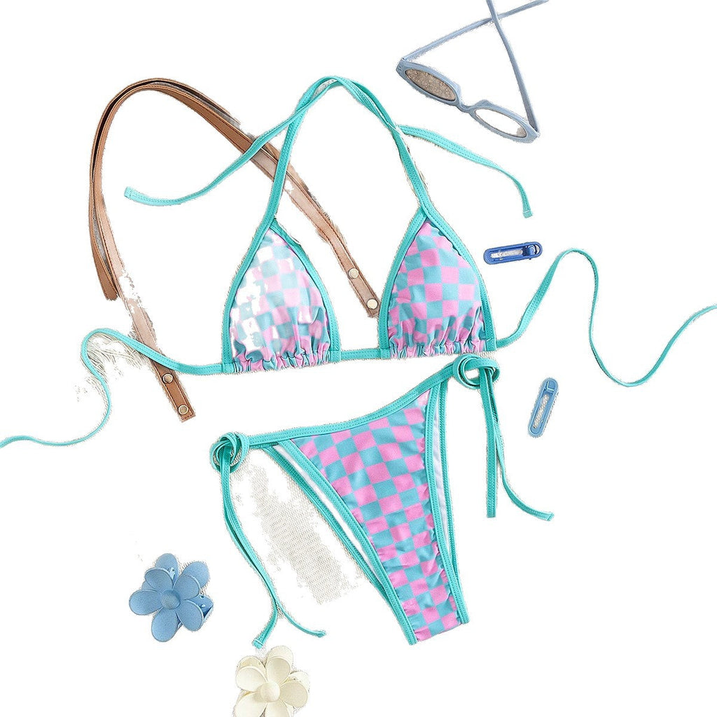 Bikini triangle pour femmes avec motif à carreaux et liens raffinés R&B