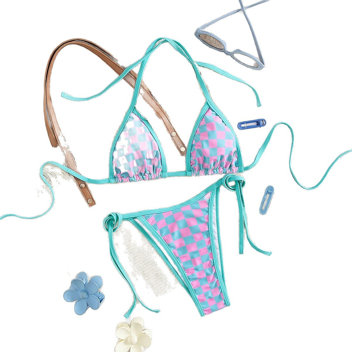 Bikini triangle pour femmes avec motif à carreaux et liens raffinés R&B