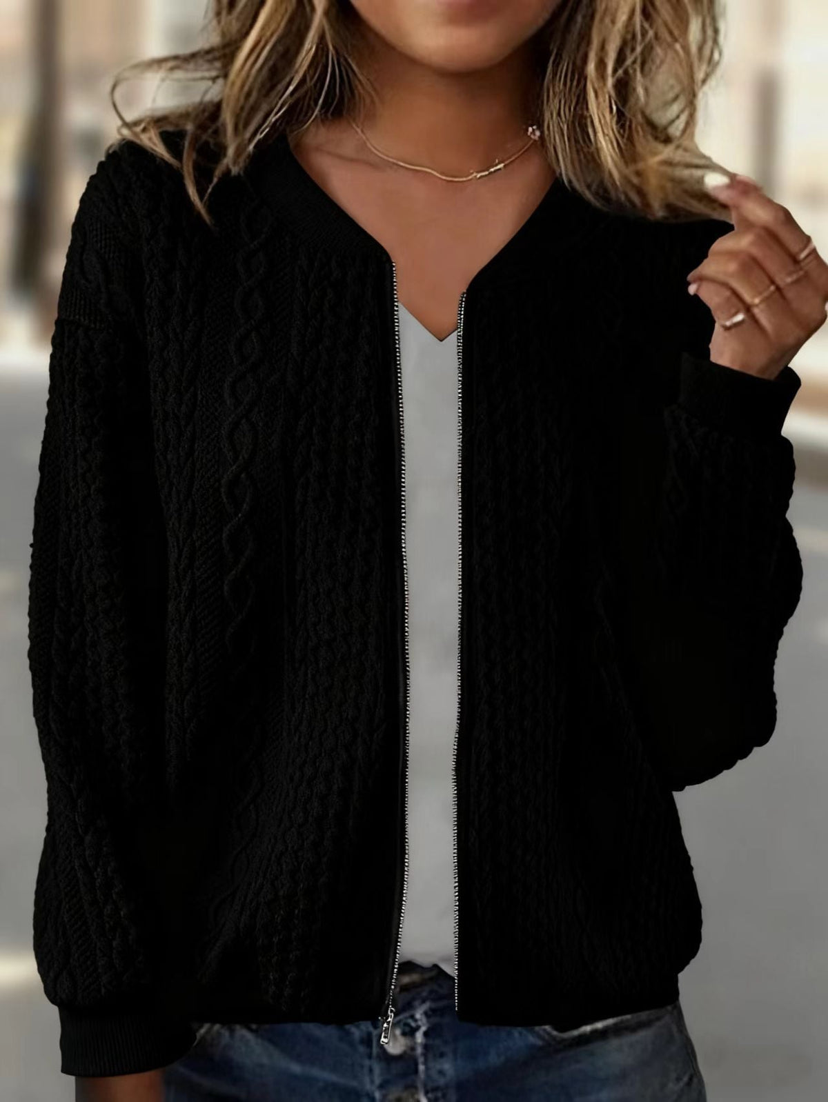 Veste bomber en tricot pour femmes avec fermeture éclair et motif en torsades