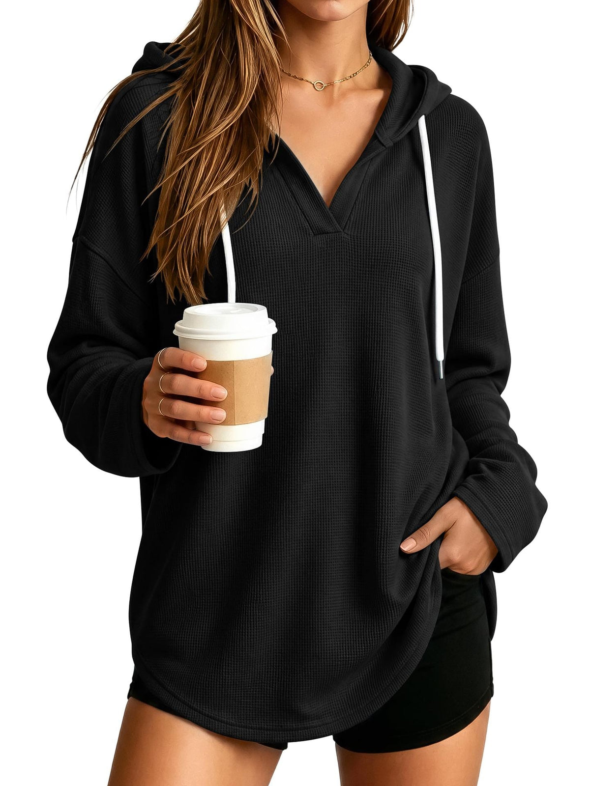 Pull à capuche décontracté pour femmes avec texture en gaufre