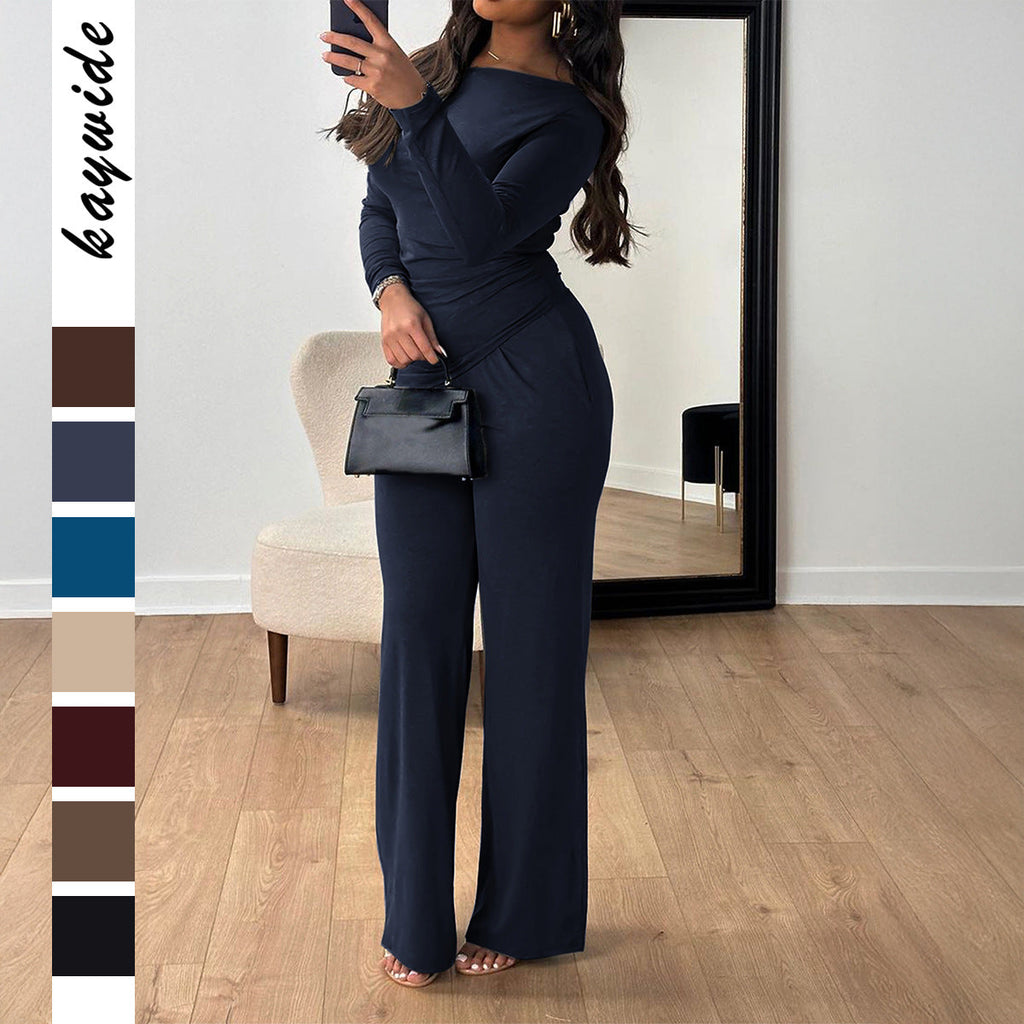 Ensemble en jersey à deux pièces pour femmes avec look drapé asymétrique, top à manches longues et pantalon taille haute ample Echo Archiv