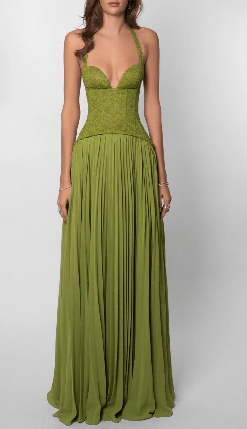 Robe corset à col halter pour femmes avec corsage en dentelle et jupe plissée fluide R&B