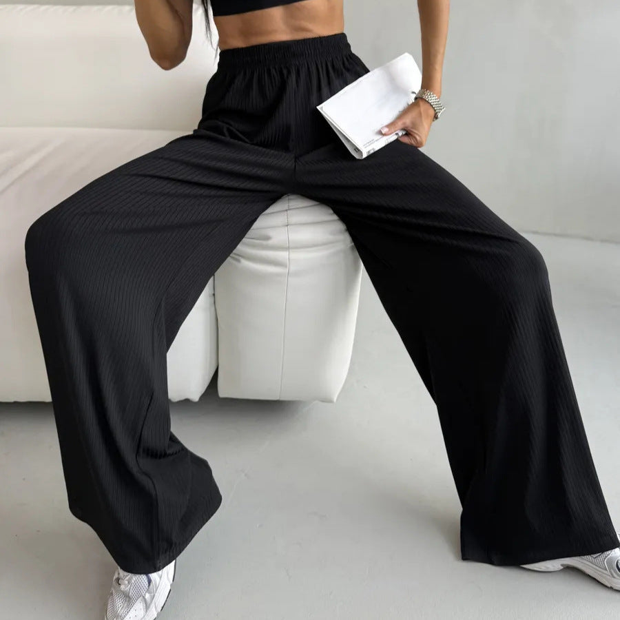 Pantalon Palazzo large taille haute pour femmes en jersey côtelé avec taille élastique Echo Archive