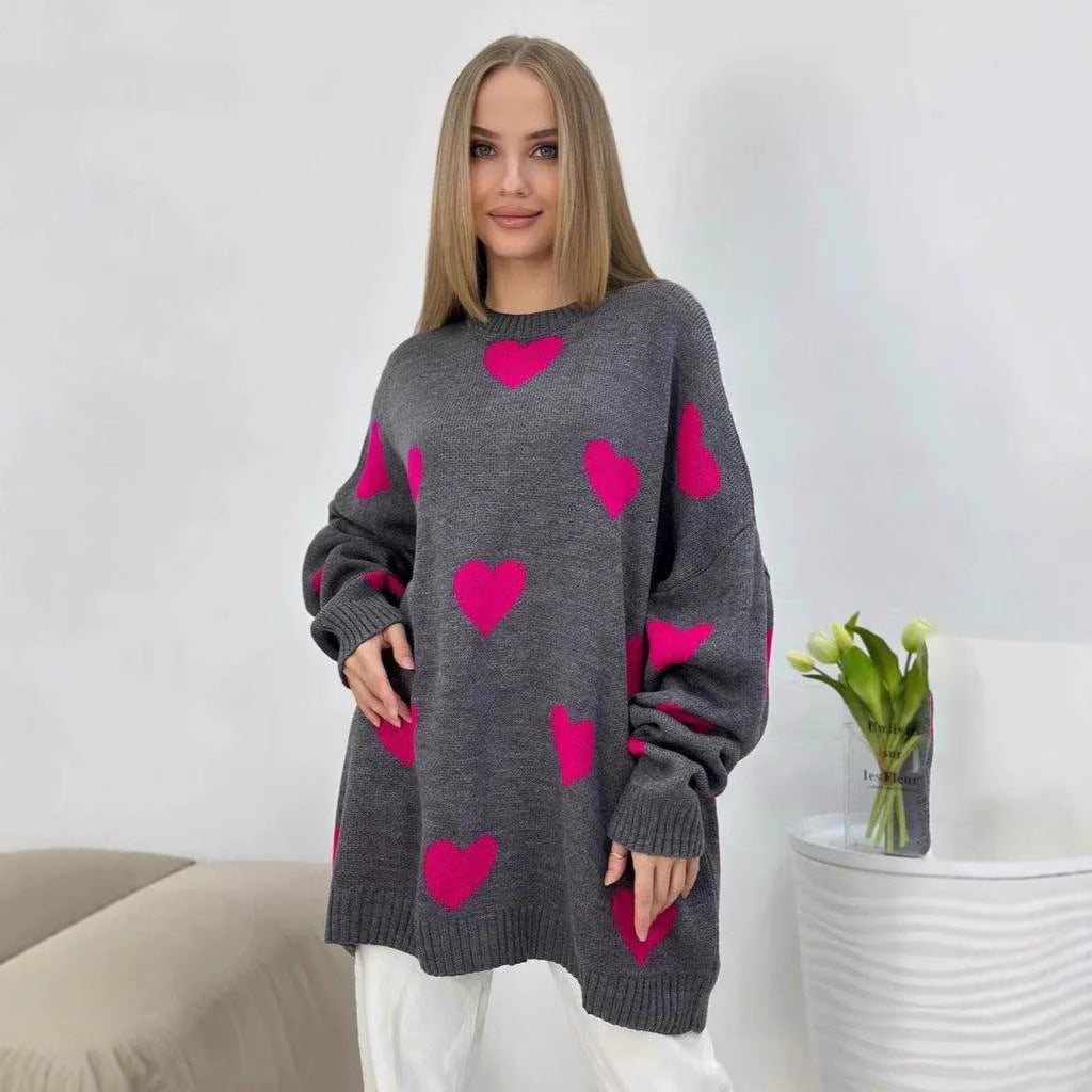 Pull en tricot oversize pour femmes avec motif en cœur, bords côtelés et silhouette ample Echoarchiv