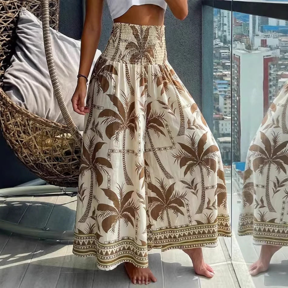 Jupe maxi pour femmes avec taille smockée haute et imprimé bohème de palmiers