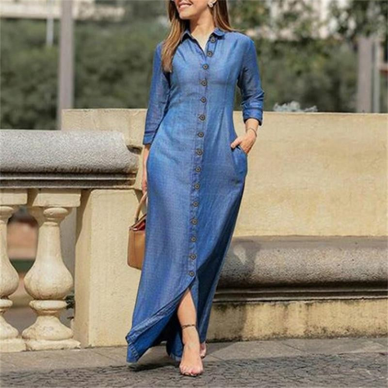 Robe maxi femme, robe chemise avec boutons et poches latérales