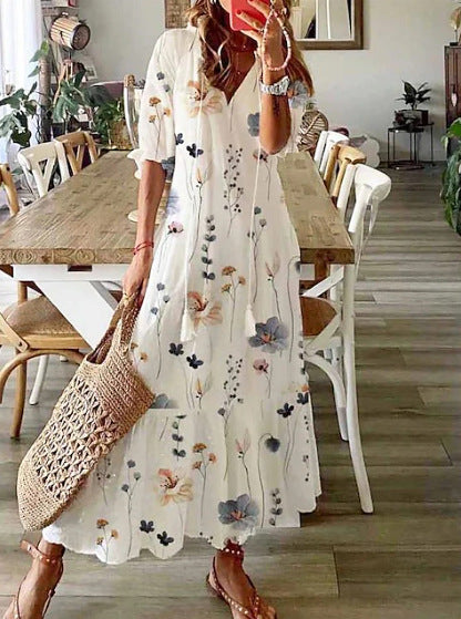 Robe maxi aérienne pour femme en A-line avec décolleté en V, manches à revers décontractées et imprimé floral en allover R&B