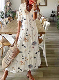 Robe maxi aérienne pour femme en A-line avec décolleté en V, manches à revers décontractées et imprimé floral en allover R&B