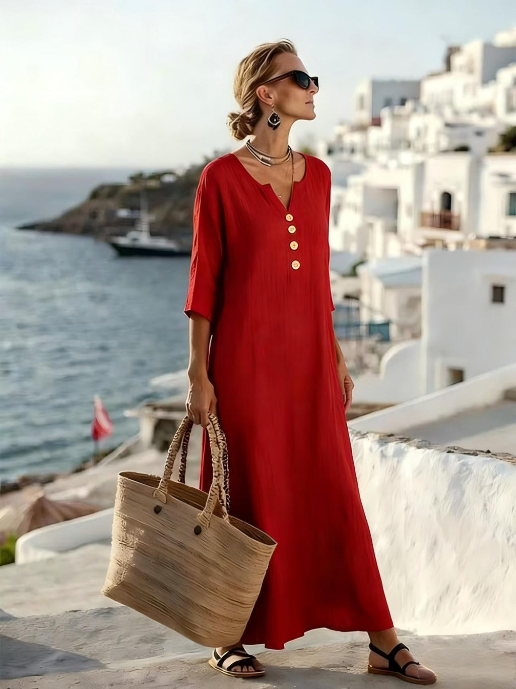 Robe Kaftan Maxi à Col V Détendu à Boutons pour Femmes Echoarchiv