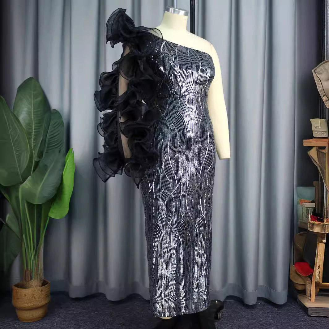 Robe de soirée glamour pour femmes avec design sans épaules et manches volumineuses R&B