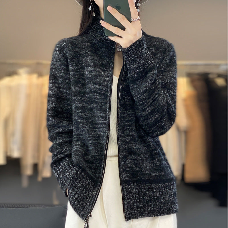 Veste en tricot pour femmes avec fermeture éclair et col montant