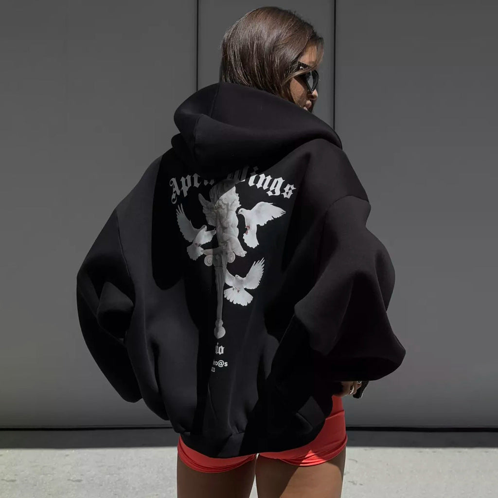 Sweat à capuche oversized pour femmes avec impression d'ange et impression artistique au dos