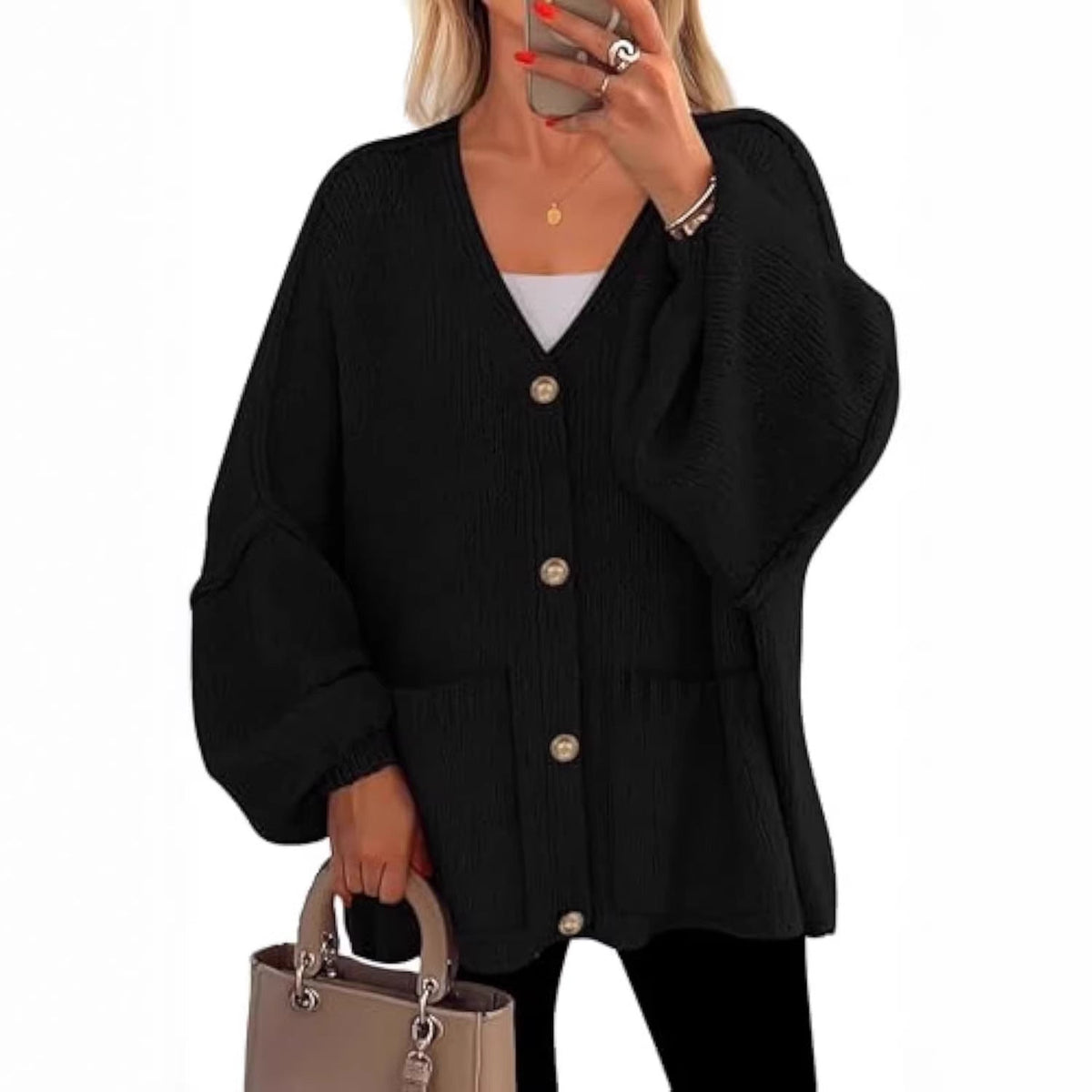 Cardigan en tricot oversize pour femmes avec décolleté en V, boutons décoratifs dorés et poches plaquées