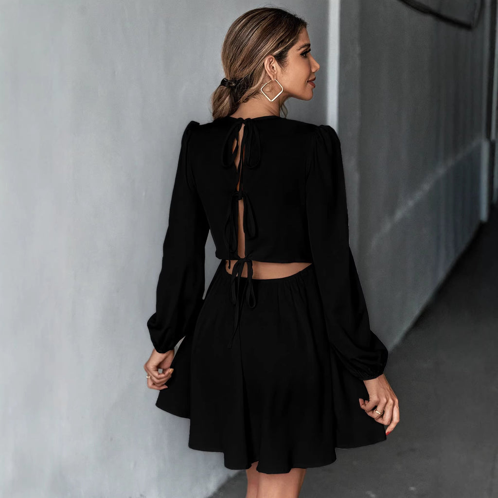Robe de cocktail chic pour femmes avec taille froncée, manches ballon longues et décolleté rond
