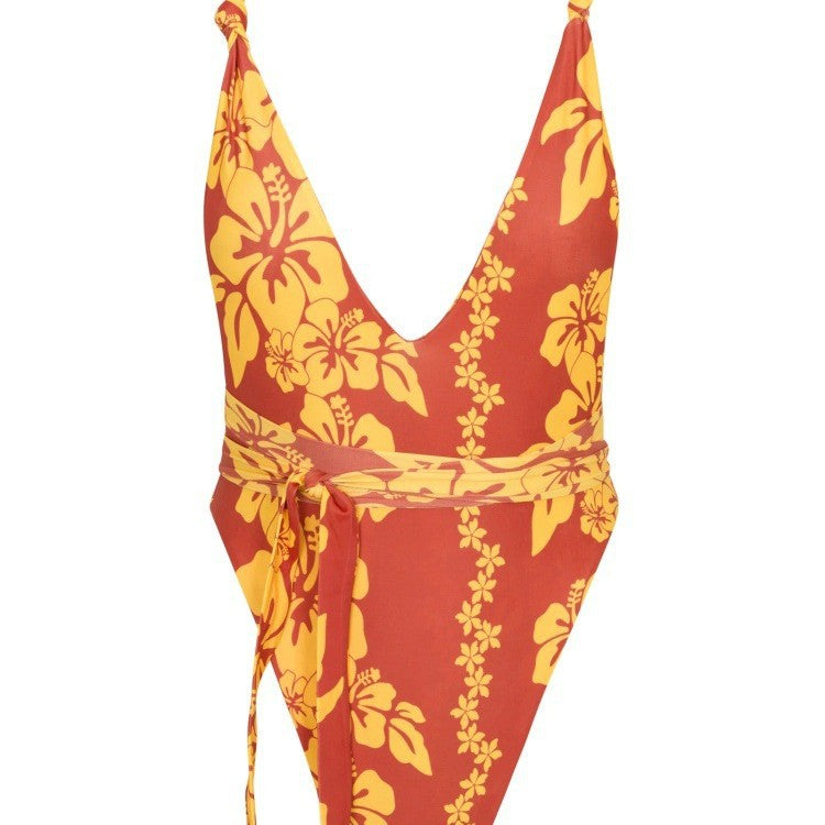 Maillot de bain une pièce pour femme avec décolleté en V profond et design floral R&B