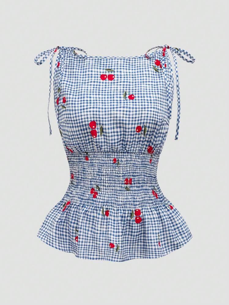 Blouse femme avec motif floral à carreaux et ourlet à volants R&B