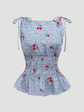 Blouse femme avec motif floral à carreaux et ourlet à volants R&B