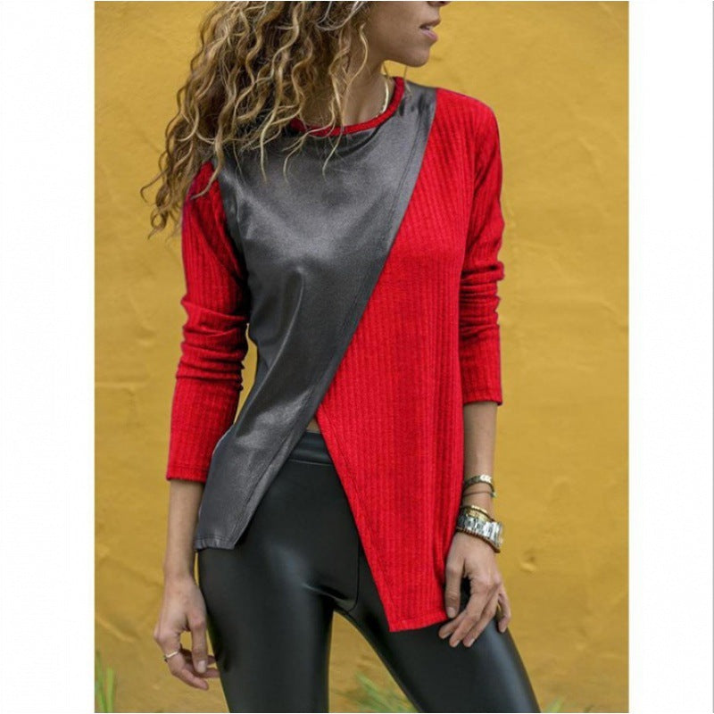 T-shirt long asymétrique pour femmes avec overlay en simili cuir et tricot côtelé Echo Archive