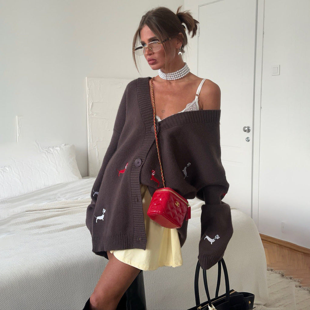 Cardigan en tricot oversized pour femmes avec motifs de teckels brodés Echo Archiv