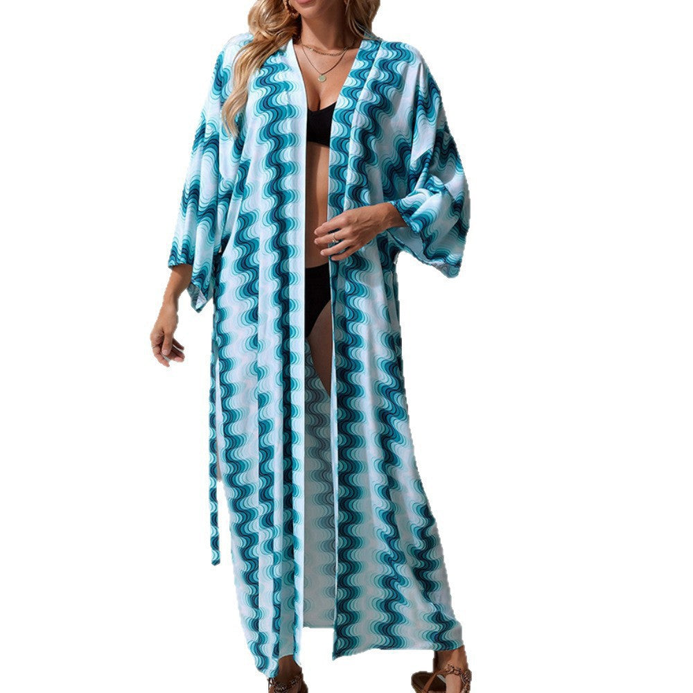 Kaftan de Plage Long pour Femme avec Décolleté en V, Ceinture à Nouer à la Taille & Fente Haute Echoarchiv