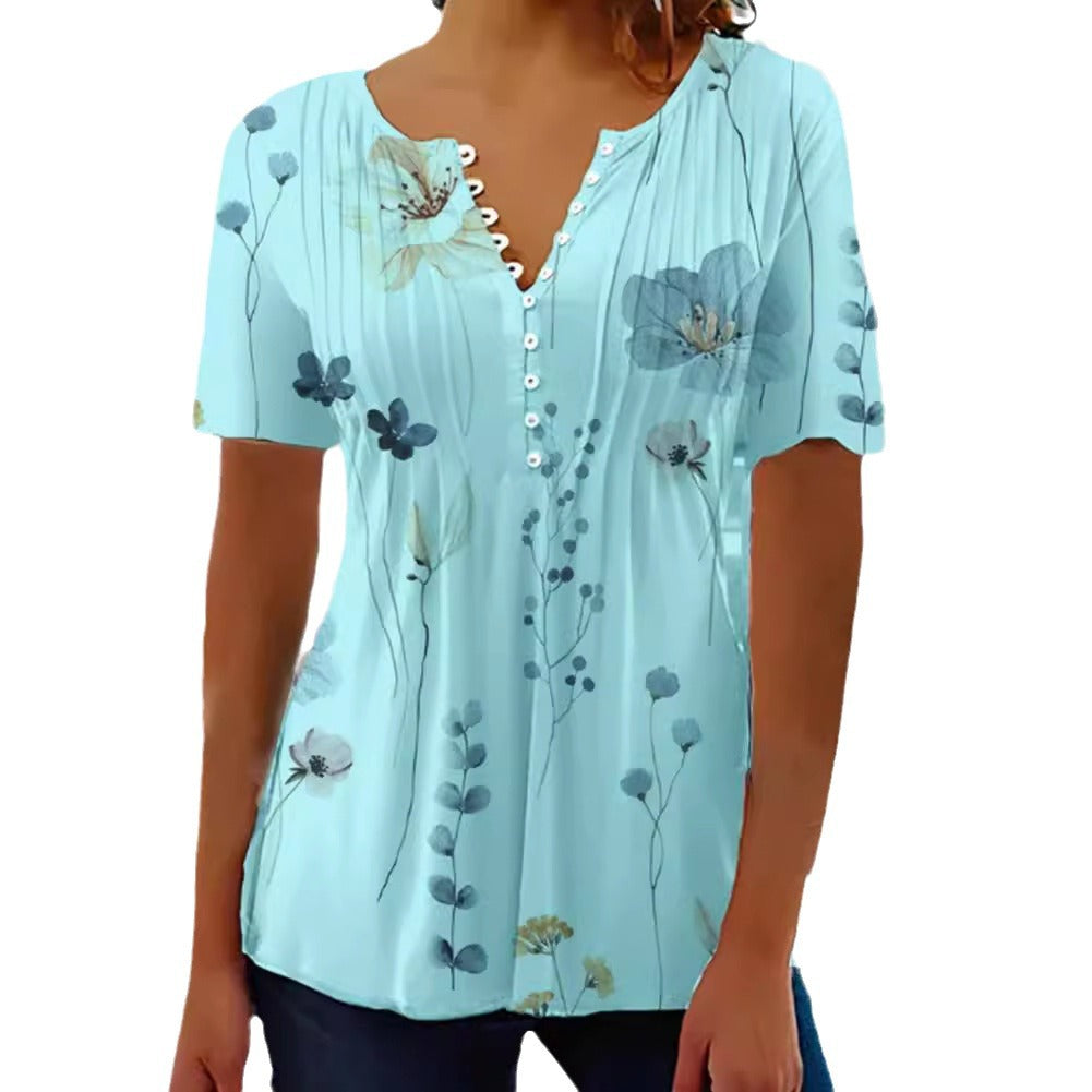 Tunique en viscose légère pour femmes avec plis décoratifs, patte de boutonnage partielle et imprimé fleurs aquarelle R&B