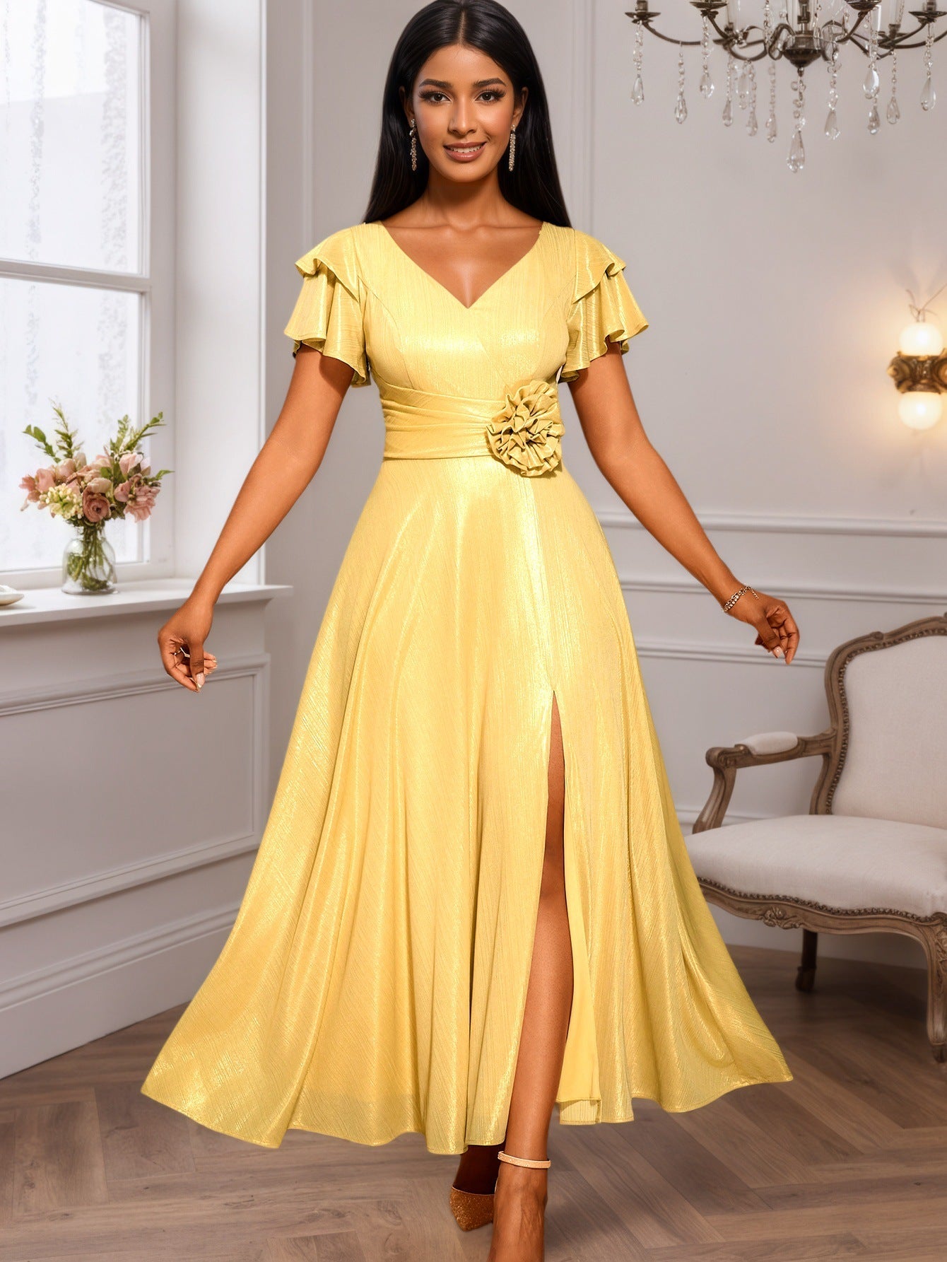 Robe de soirée glamour pour femmes avec décolleté en V élégant et volants volumineux R&B