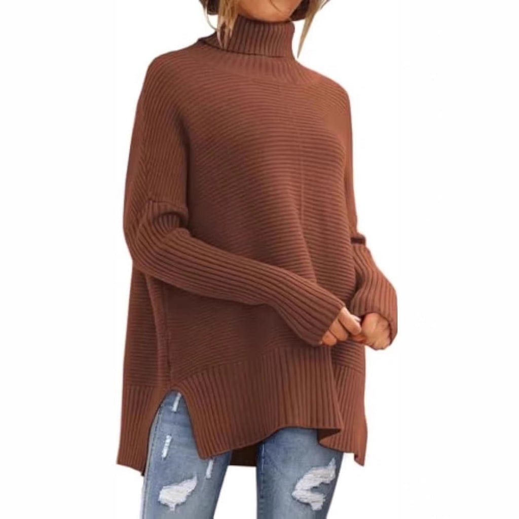 Pull à col roulé oversize en maille côtelée pour femmes avec fentes latérales et ourlet allongé