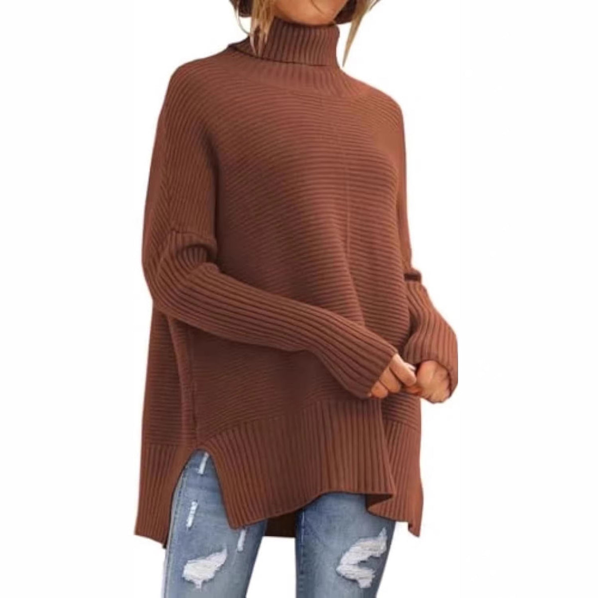 Pull à col roulé oversize en maille côtelée pour femmes avec fentes latérales et ourlet allongé