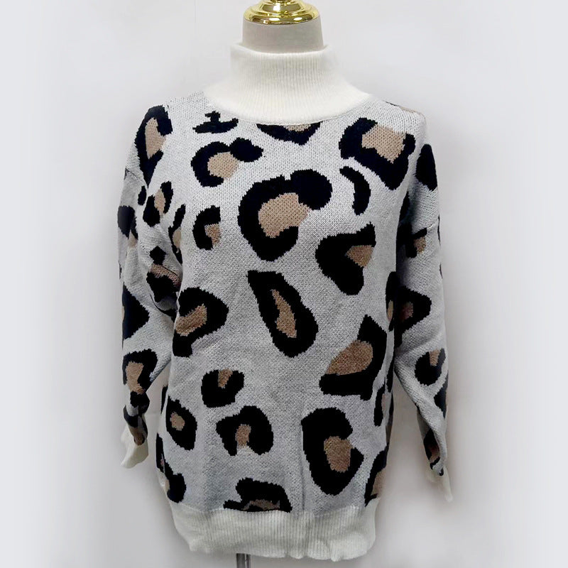 Pull à col roulé oversize pour femmes avec jacquard léopard et bordures côtelées Echoarchiv