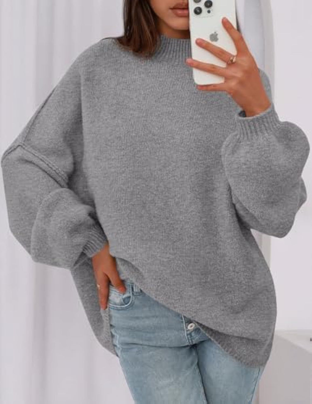 Pull en maille oversize pour femmes avec col montant et manches ballon