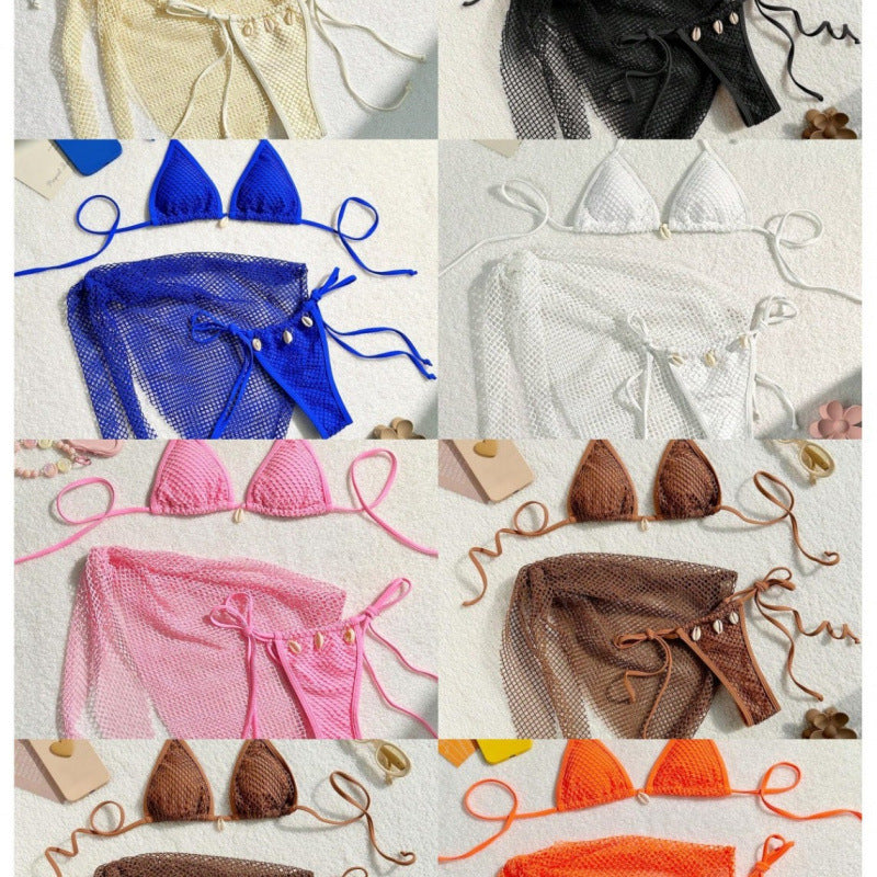Ensemble de bikini en filet pour femmes avec nœuds à la mode et détails en coquillage R&B