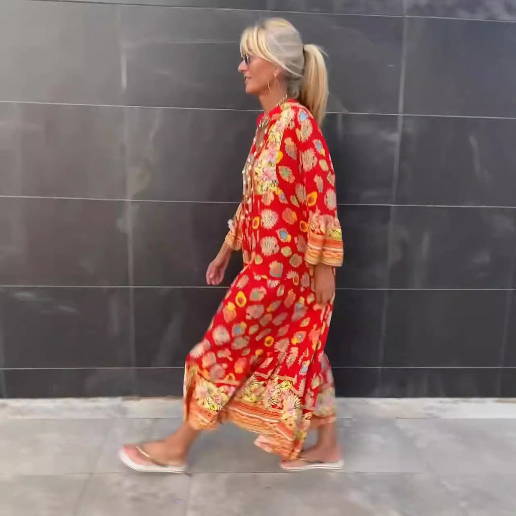 Robe midi kaftan légère pour femmes avec imprimé de bordure inspiré du folklore, décolleté en V, bandes à pompons et manches cloche à volants R&B