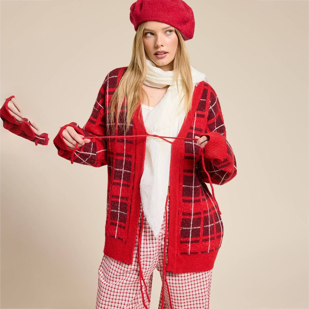 Cardigan en maille à carreaux oversize pour femmes avec ceinture et poches plaquées Echoarchiv