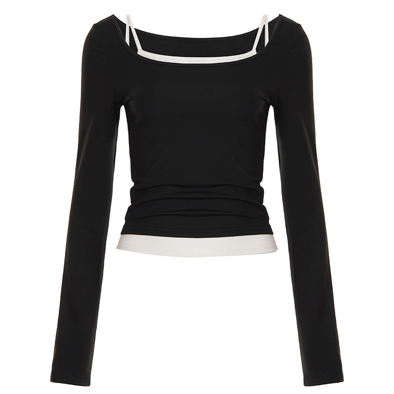 Top cropped à manches longues ajusté pour femmes avec décolleté carré et bretelles spaghetti doubles Echo Archiv