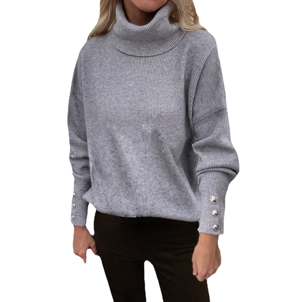 Pull à col roulé côtelé pour femmes avec coupe oversize et poignets à boutons décoratifs Echoarchiv