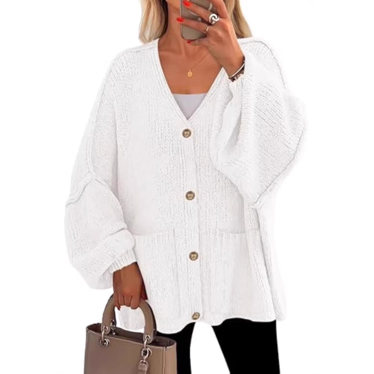 Cardigan en tricot oversize pour femmes avec décolleté en V, boutons décoratifs dorés et poches plaquées