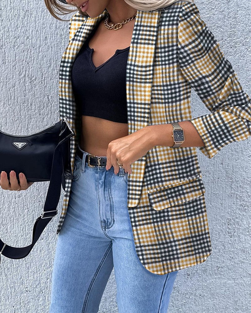 Blazer long à motifs pour femmes avec motif chaîne, silhouette cintrée et poches à rabat Echoarchiv