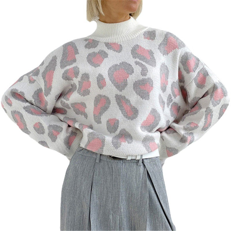 Pull à col roulé oversize pour femmes avec jacquard léopard et bordures côtelées Echoarchiv