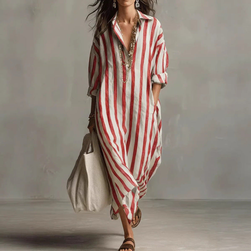 Robe chemise longue à rayures pour femmes en look lin avec décolleté en V et poches passepoilées Echoarchiv