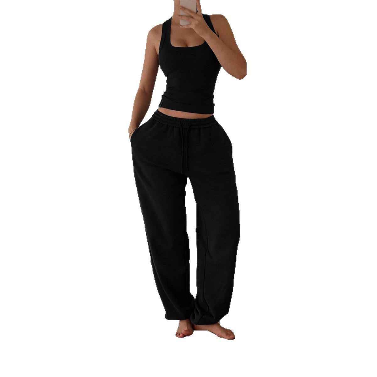 Pantalon lounge large taille haute pour femmes avec cordon de serrage, ceinture élastique confortable et poches passepoilées Echo Archiv